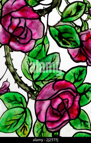 Almudena Cathedral. Stained glass window.  Flowers. Stock Photo