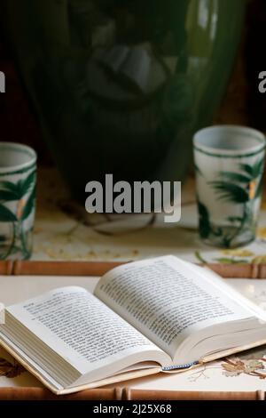 Open torah on a table. Jewish book. Stock Photo