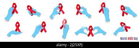 Vector set of cartoon illustration with doctors hands in blue gloves holding red ribbons. Medical symbol of the fight against AIDS and HIV. December 1 Stock Vector