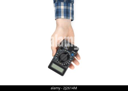 Male hand holds multimeter, isolated on white background Stock Photo