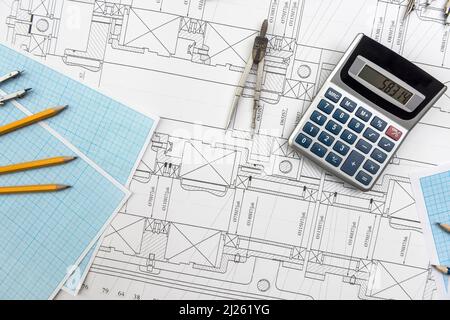 Engineer's drawing with different tools top view. Technical concept Stock Photo