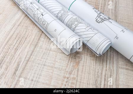 Engineering drawings on table. Engineering and Science Stock Photo