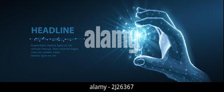 Glowing light bulb in man hand isolated on dark blue. Creative idea, patent, digital solution, future technology Stock Vector