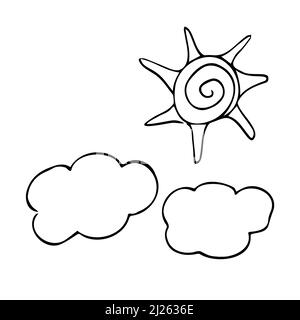 Doodle line sun and clouds icons. Vector modern sketch of weather. Isolated Stock Vector