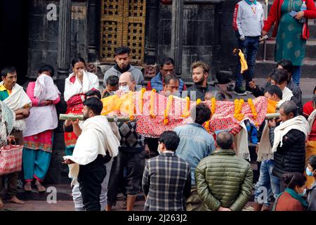 Hindu cremation process in progress at a temple in Pashupatinath. Stock Photo