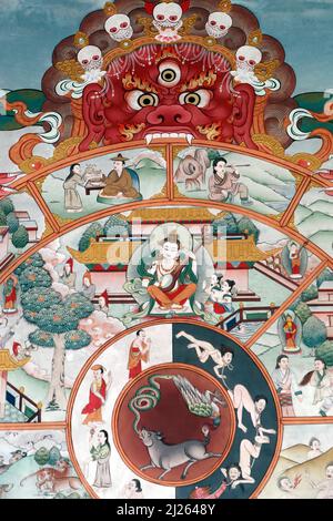 Pema Osel Ling Monastery.  The wheel of life or the bhavacakra  is a symbolic representation of sa sara.  Wall painting. Stock Photo