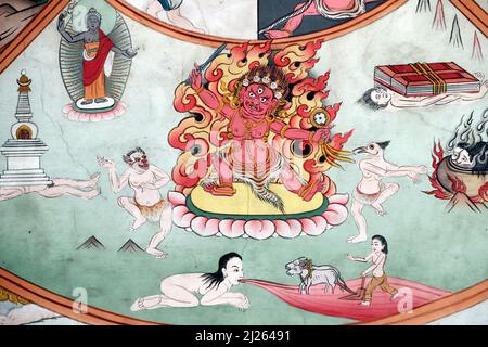 Pema Osel Ling Monastery.  The wheel of life or the bhavacakra  is a symbolic representation of sa sara.  Wall painting. Stock Photo