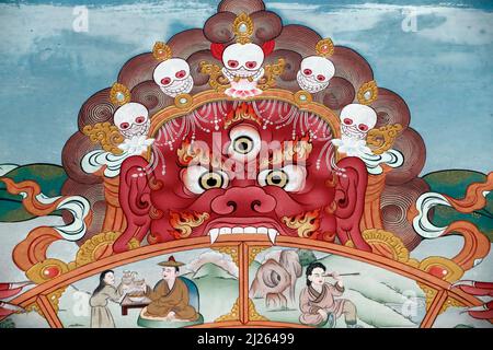 Pema Osel Ling Monastery.  The wheel of life or the bhavacakra  is a symbolic representation of saṃsara.  Yama, the god of death. Wall painting. Stock Photo