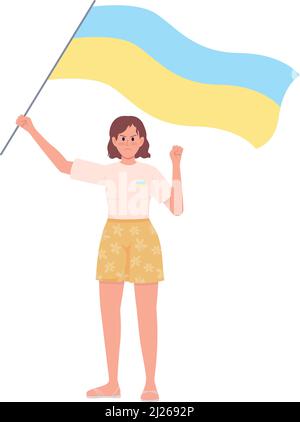Lady holding Ukrainian flag semi flat color vector character Stock Vector