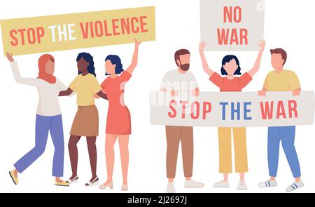Crowd participating in anti war rally semi flat color vector characters Stock Vector