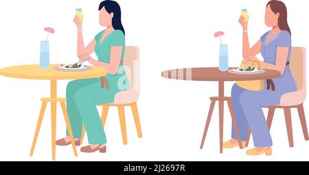 Pretty ladies enjoing white wine and salad semi flat color vector characters set Stock Vector