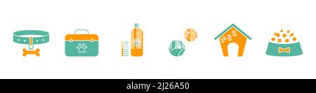 Vector illustration of cartoon pet equipment icons on white background. Stock Vector