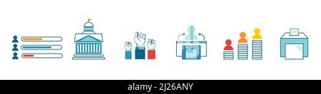 Vector illustration of cartoon politics icons on white background. Stock Vector