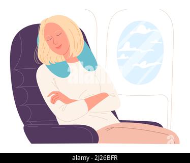 Woman asleep on aircraft flight. Vector illustration. Stock Vector