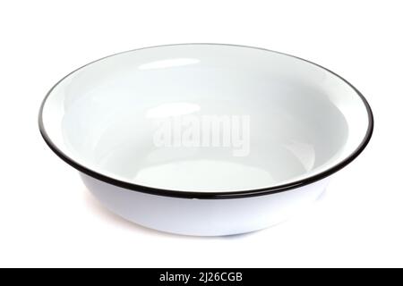 blue enamel bowl with a black border on a white isolated background Stock Photo