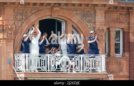 The Eton College team are seen on the players dressing room balcony during the annual Eton v Harrow cricket match at Lords. Picture by James Boardman Stock Photo