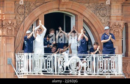 The Eton College team are seen on the players dressing room balcony during the annual Eton v Harrow cricket match at Lords. Picture by James Boardman Stock Photo