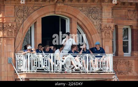 The Eton College team are seen on the players dressing room balcony during the annual Eton v Harrow cricket match at Lords. Picture by James Boardman Stock Photo