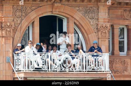 The Eton College team are seen on the players dressing room balcony during the annual Eton v Harrow cricket match at Lords. Picture by James Boardman Stock Photo