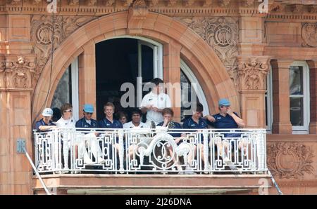 The Eton College team are seen on the players dressing room balcony during the annual Eton v Harrow cricket match at Lords. Picture by James Boardman Stock Photo