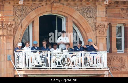 The Eton College team are seen on the players dressing room balcony during the annual Eton v Harrow cricket match at Lords. Picture by James Boardman Stock Photo