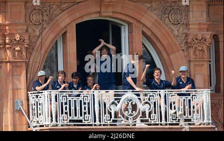 The Eton College team are seen on the players dressing room balcony during the annual Eton v Harrow cricket match at Lords. Picture by James Boardman Stock Photo