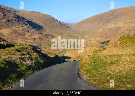 From the top of Hardknott Pass looking east to Wrynose Pass. the Lake District, Cumbria, England Stock Photo