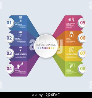 Infographic Sensors icons vector illustration. 8 colored steps info template with editable text. Stock Vector