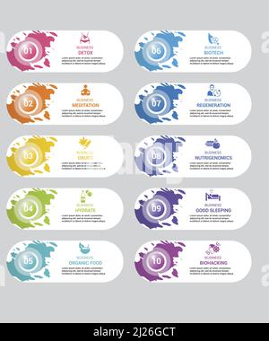 Infographic Biohacking icons vector illustration. 10 colored steps info template with editable text. Stock Vector