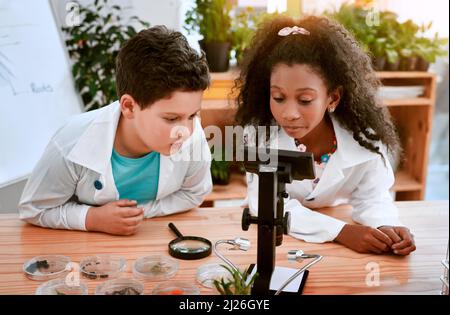 B is for botany. Shot of an adorable little boy and girl learning about plants at school. Stock Photo