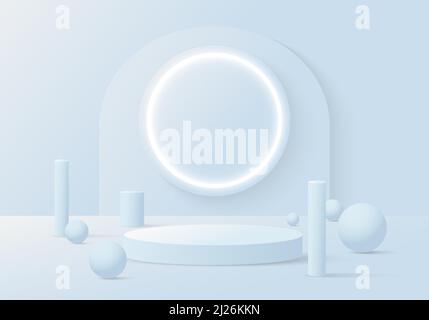 Abstract minimal blue pastel display stand showcase template. Overlapping with geometric design, neon light decoration background. Illustration vector Stock Vector