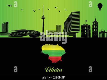 Vilnius city skyline silhouette - illustration,  Town in Green background,  Map of Lithuania Stock Vector