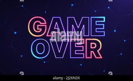 Game over phrase. Vector illustration of neon colored text over abstract hexagon background for your design Stock Vector