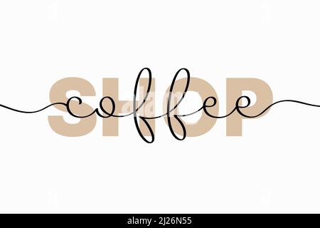 Coffee shop lettering. Vector illustration of creative typography with continuous one line hand drawn text isolated on white background Stock Vector