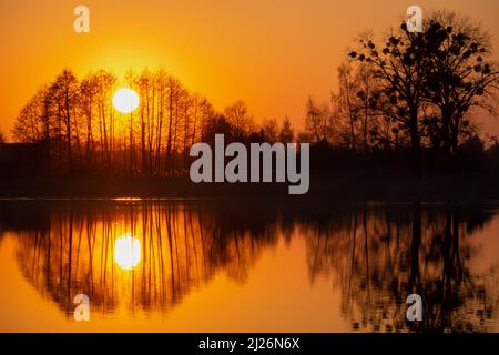 The sunset behind the trees reflecting in the water, spring evening Stock Photo