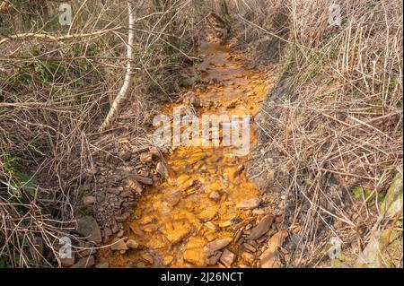 Orange iron oxide staining in stream entering River Neath at Abergarwed. The source is water discharging from an abandoned coal mine. Stock Photo