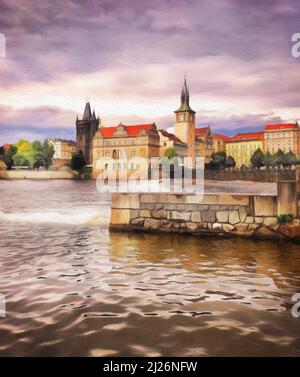 Digital painting modern artistic artwork, Prague Czechia, drawing in oil European famous old street view, beautiful old vintage houses, design print Stock Photo