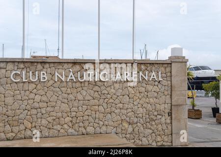 S'Arenal, Spain; march 13 2022: Entrance sign to the S'Arenal yacht club on a cloudy day. Island of Mallorca, Spain Stock Photo