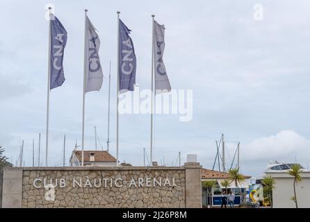 S'Arenal, Spain; march 13 2022: Entrance sign to the S'Arenal yacht club on a cloudy day. Island of Mallorca, Spain Stock Photo