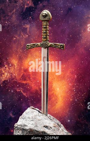Excalibur, the mythical sword in the stone of King Arthur Stock Photo