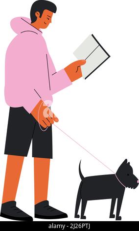 Mna walking with dog and reading book. Literature lover Stock Vector