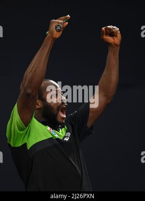 Doha, Qatar. 29th Mar, 2022. Quadri Aruna of Nigeria celebrates after the men's singles round of 16 match against Zhao Zihao of China at the WTT Star Contender Doha 2022 in Doha, Qatar, March 29, 2022. Credit: Nikku/Xinhua/Alamy Live News Stock Photo