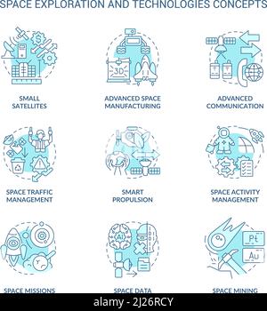 Space exploration and technology turquoise concept icons set Stock Vector