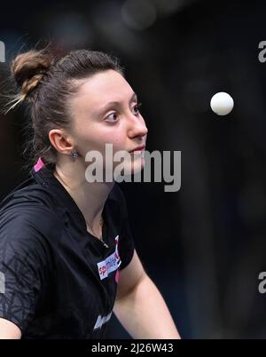 Doha, Qatar. 29th Mar, 2022. Sofia Polcanova of Austria serves during the women's singles round of 16 match against Kato Miyu of Japan at the WTT Star Contender Doha 2022 in Doha, Qatar, March 29, 2022. Credit: Nikku/Xinhua/Alamy Live News Stock Photo