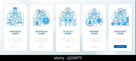Types of toxic leaders blue onboarding mobile app screen Stock Vector