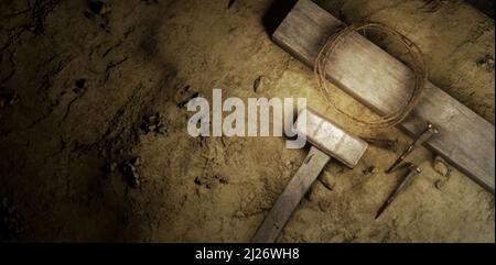 Passion Of Jesus Christ. Crown of thorns, wooden cross and hammer with nails on ground cinematic background Stock Photo