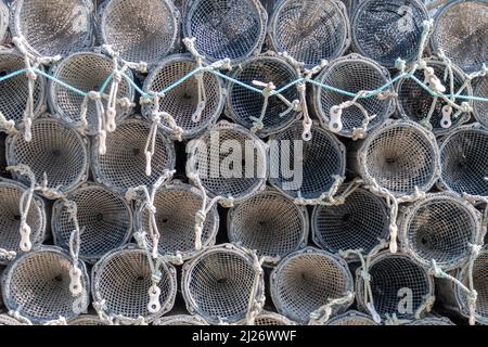 A stack of cylindrical crab or lobster traps stored on a jetty at Aberystwyth harbour. The traps are seen end on creating a pattern of circles and rop Stock Photo