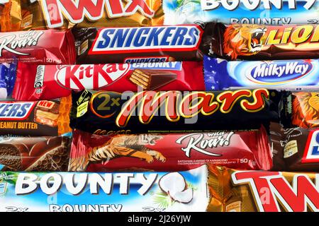 Closeup of Snickers, Mars, Bounty, Milky Way,Twix candies Stock Photo ...