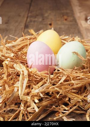 With natural dyes self-dyed organic eggs in a straw nest, holiday or healthy food concept Stock Photo