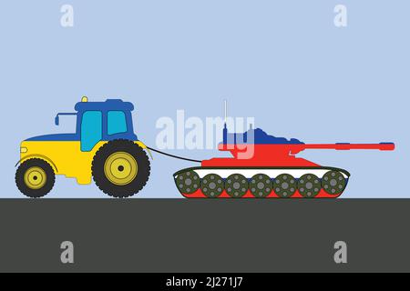 Ukrainian tractor tows away a Russian tank vector illustration Stock Vector